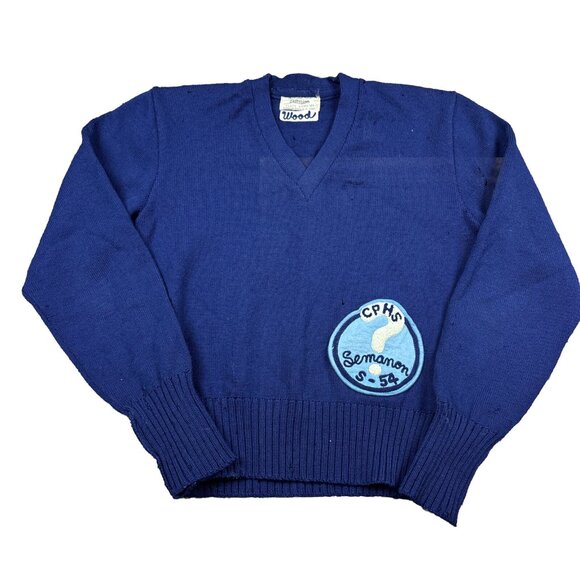 Vintage 50s Wool High School Class Sweater Criterion USA Chain Stitch Blue Logo - Picture 1 of 11